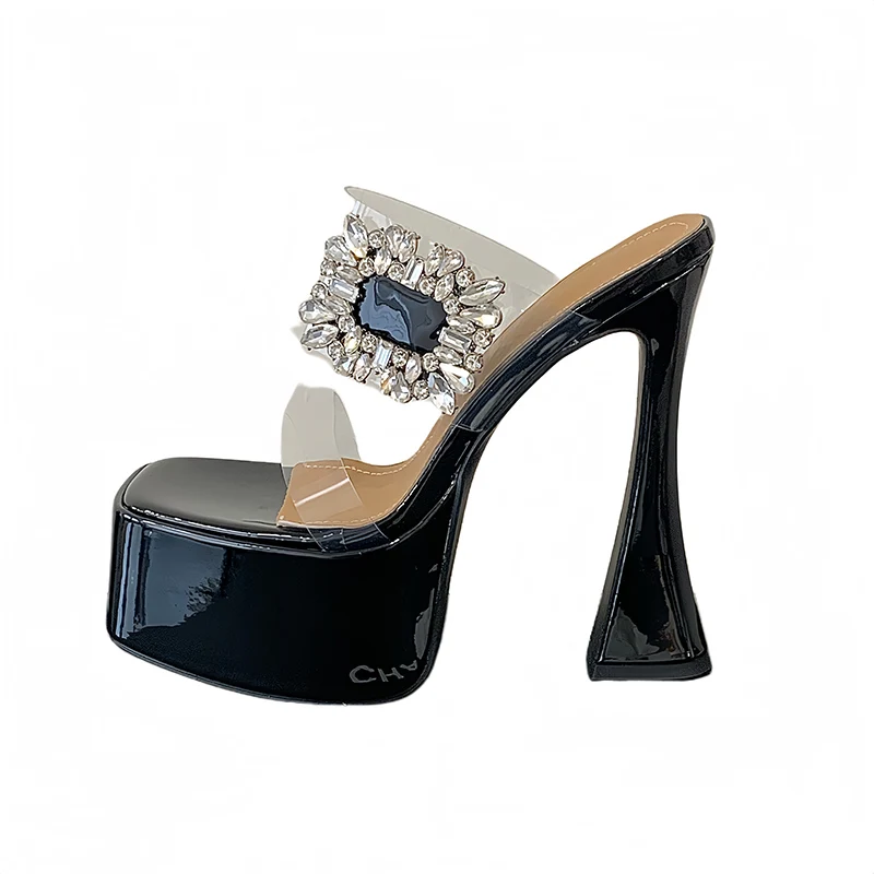 

Серебристые туфли-мюли на платформе, женские сандалии на экстремально высоком каблуке 16 см, летние туфли с черными стразами, массивные туфли, сексуальные