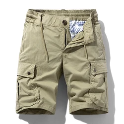 Men Summer Cotton Cargo Shorts Men Fashion Multi Pocket Casual Shorts Elastic Waist Solid Beach Jogger Shorts Male Dropshipping