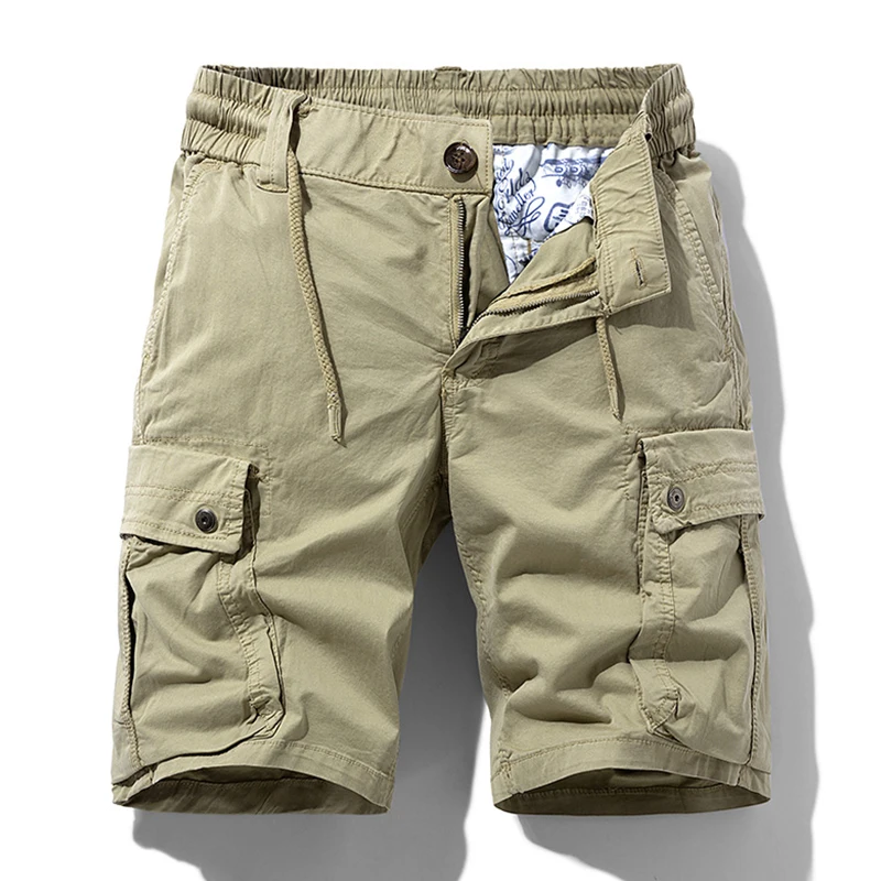 Men Summer Cotton Cargo Shorts Men Fashion Multi Pocket Casual Shorts Elastic Waist Solid Beach Jogger Shorts Male Dropshipping