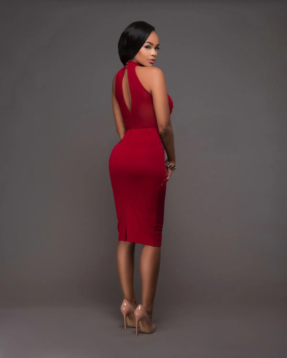 Damen Sommer Mesh kalte Schulter Diamant aus geschnitten zurück Bodycon Party Cocktail Midi Bleistift Kleider