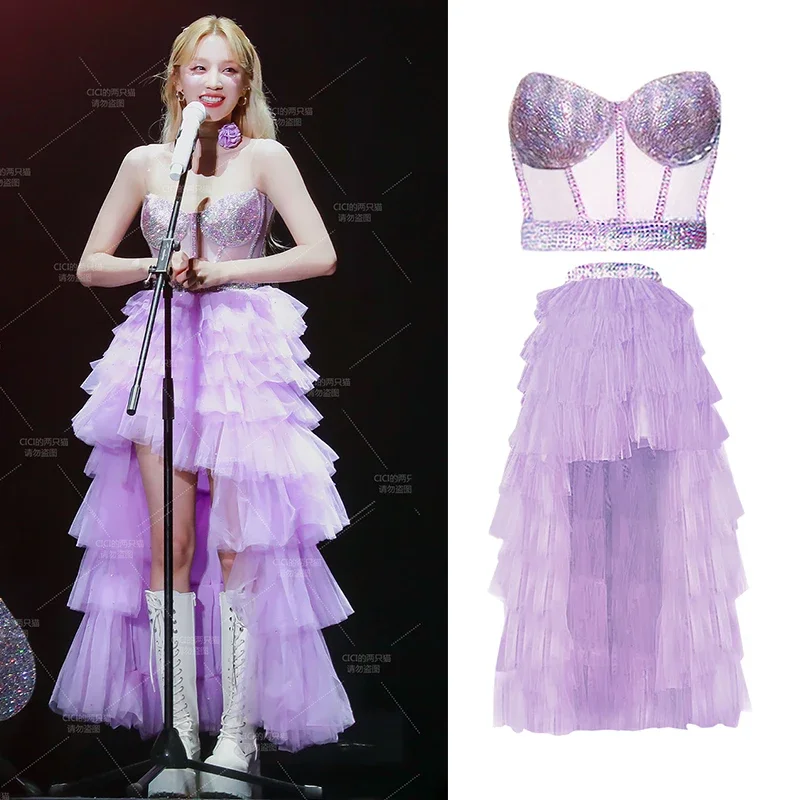 

Kpop Clothing Purple Crystal Tops Fairy Mesh Tutu Skirt Y2K Style Stage Costume Singer Stage Wear Jazz Dance Clothes