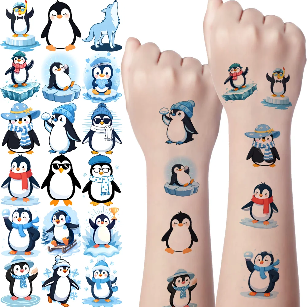 

54pcs Temporary Tattoo Penguin Figures Cartoon Snowflakes Winter Scenes Waterproof Long-lasting Body Stickers For Adults