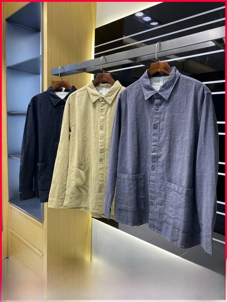 

High-End Cotton Linen Men's irt Jaet Pure Color Casual Sle Autumn New Arrival Slimming Effect Comfortable Long Sve