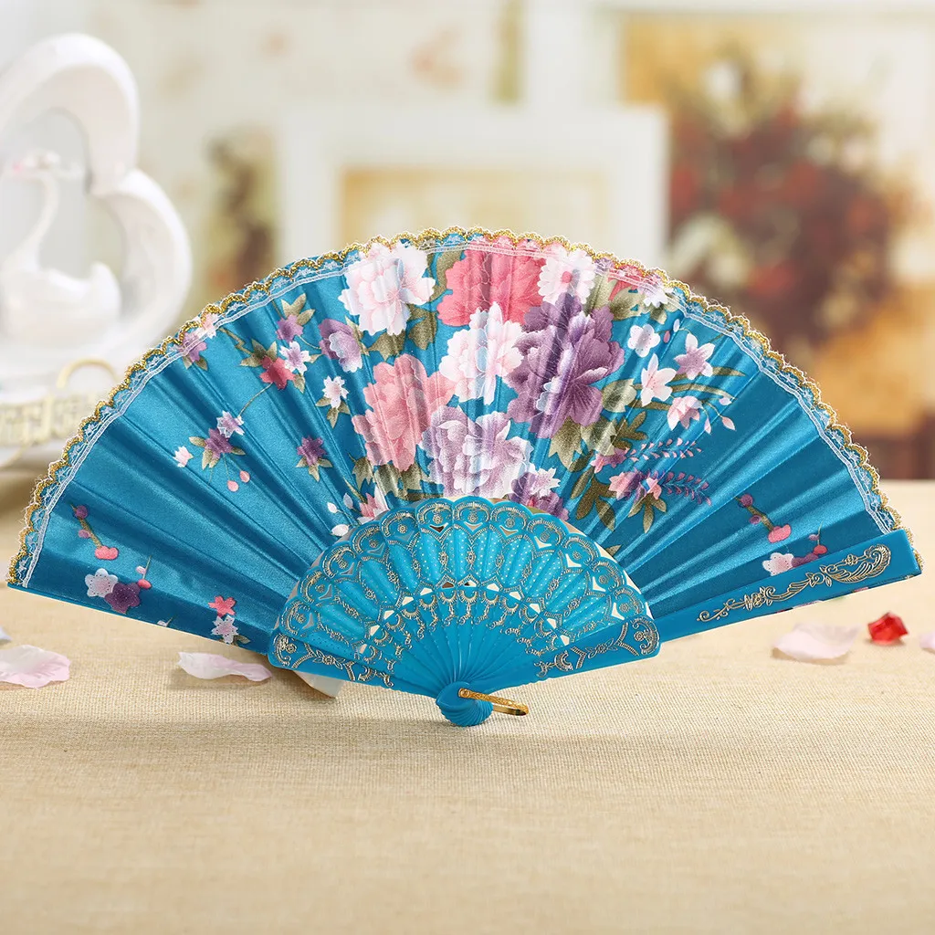 Floral Folding Hand Fan Vintage Retro Silk Handheld Fan Lace Folding Fan Wedding Dancing Church Party Gift, Hand Held Flower Fan
