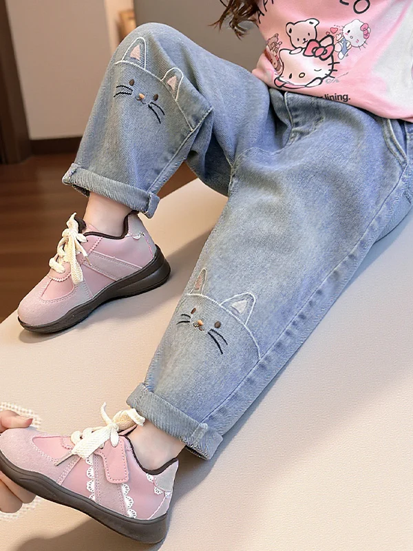 Spring Faion Girls Loose Casual Jeans High Waist Straight Leg  Embroidery Trendy Kids Knee Denim Pants Asymmetrical
