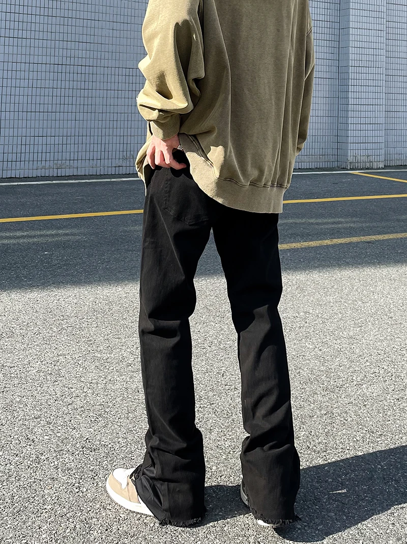American High Street Vibe Basic Black Jeans Men's Trendy Brand Slim Straight Leg Micro Flared Long Trousers Youth Fashion