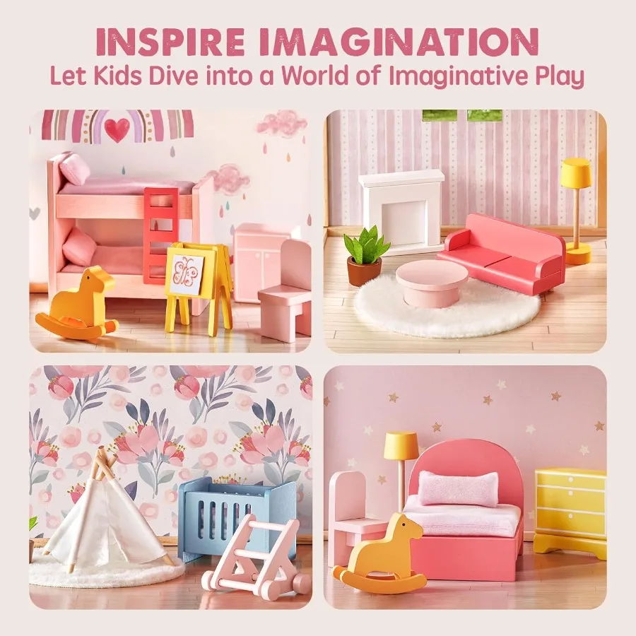بيت الدمى الخشبي للفتيات - 6 غرف بيت الدمية الخشبية، بيت الدمية التظاهري DIY مع 31 قطعة من إكسسوارات الأثاث، هدية إبداعية f