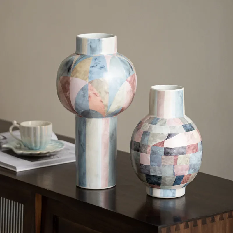 Colored Checkered Ceramic Vase Flower Vase Floral Arrangement Handmade Flowerpot Home Decoration Accessories Terrarium