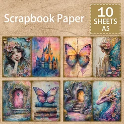10 Sheets A5 Size Fantasy Style Butterfly Moon Dragon Mushroom Girl Background Vintage Grunge Journal Planning Scrapbooking