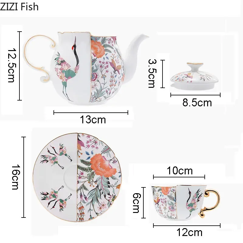 Fairy Crane Flower Pattern Ceramic Teapot Set Teacup saucer Painted Gold-plated Coffee Cup Afternoon Tea Milk Fruit Juice Mugs