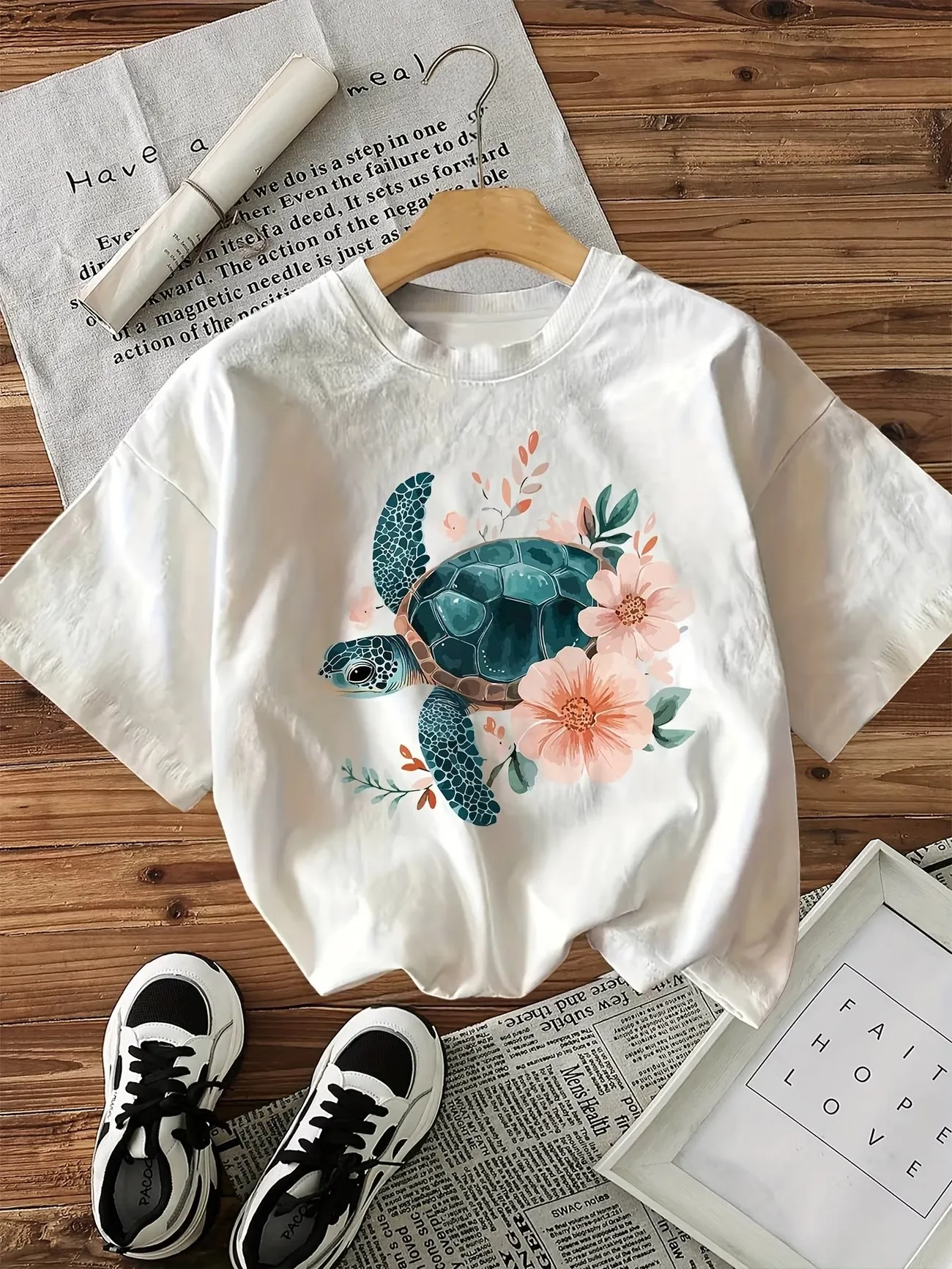 Harajuku Graphic Sea Turtle with Floral 100% Cotton Women's Retro Print T-Shirt Crew Neck Short Sleeve Top Vintage Shirt