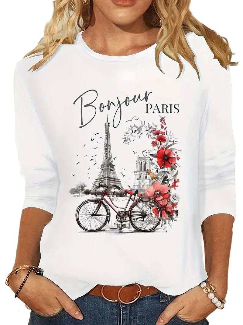 

Лидер продаж 2025 года, рубашка с принтом Парижа, забавная готическая футболка, женская повседневная футболка с длинным рукавом и принтом, футболка с круглым вырезом