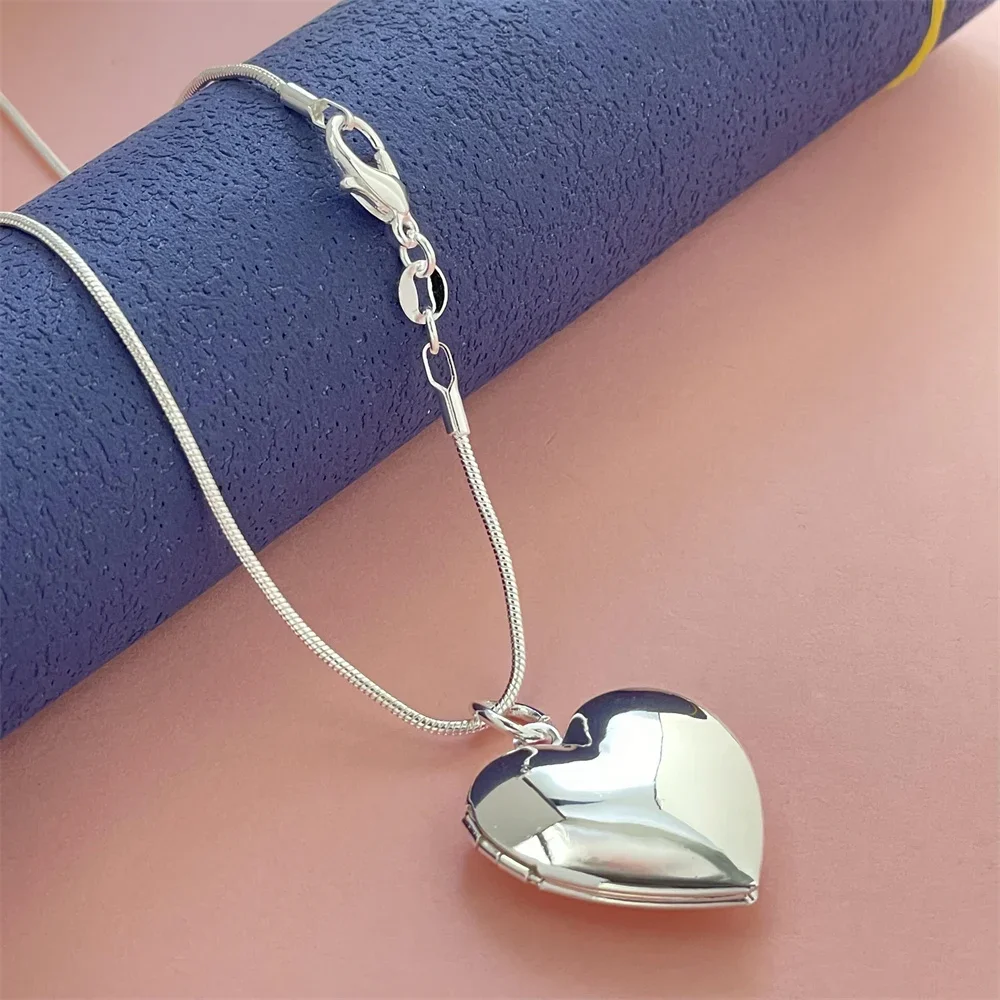 925 Silver Necklace Smooth Heart-Shaped Photo Frame Pendant, Suitable For Women's Daily Wear