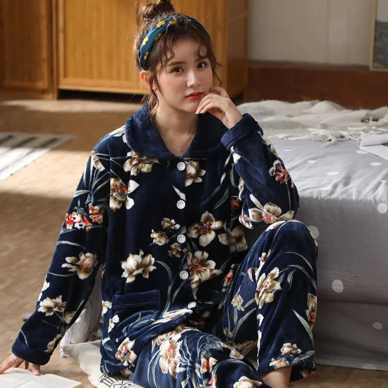 Winter Pyjama Women Flannel Pajama Set Fleece Pajamas Sleepwear Thick Warm Velvet Female Cute Sweet Pijama Homewear Suit