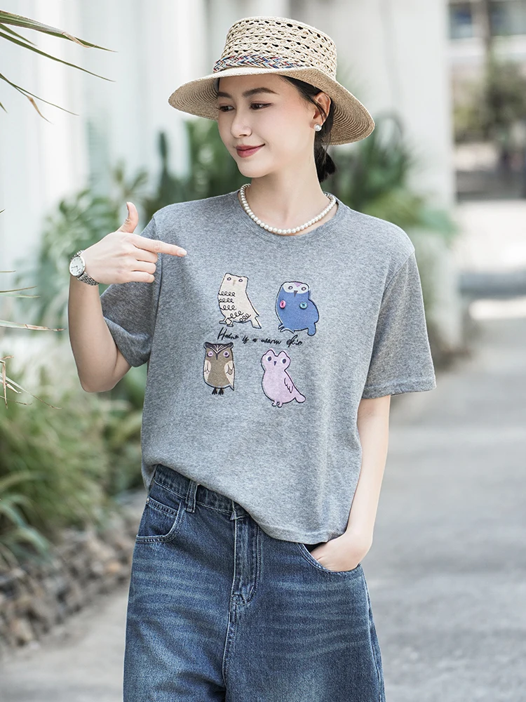 

Женская футболка из хлопка и льна с коротким рукавом, повседневная, художественная, укороченная, маленького размера, с принтом четырех сов, свободного кроя, с круглым вырезом