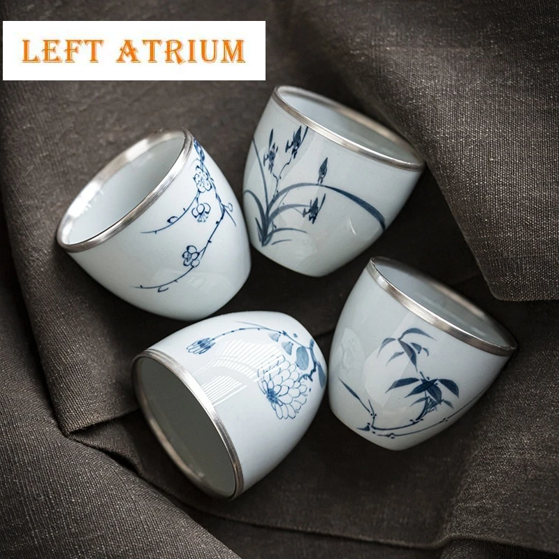 

Orchid Bamboo Teacup Blue and White Porcelain Silver Edge Chinese Ceramic Master Single Cups Kungfu Teaset Tea Cup 75ml Tea Tool