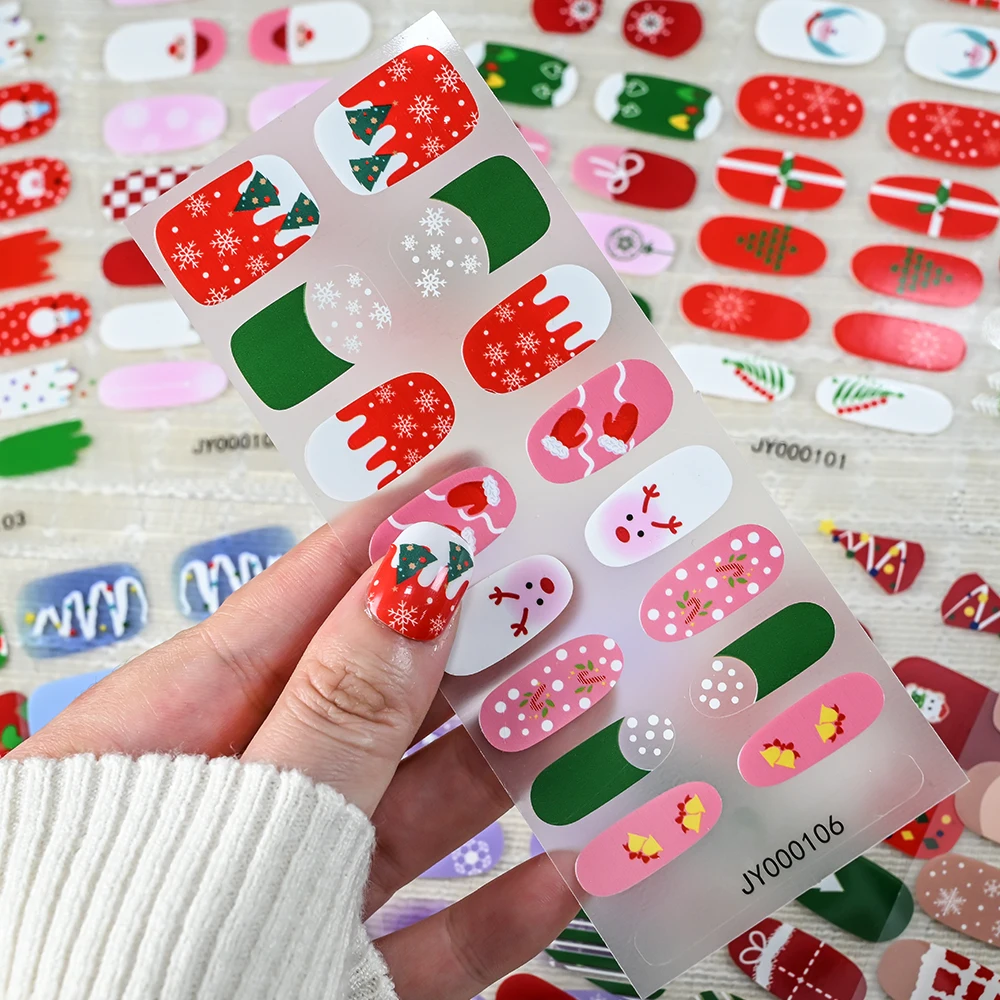 1Sheet(16tips) Christmas Gel Nail Stickers Cartoon Elk Snowflakes Xma Tree Bell Full Cover Nail Wraps Adhesive Winter Nail Decor