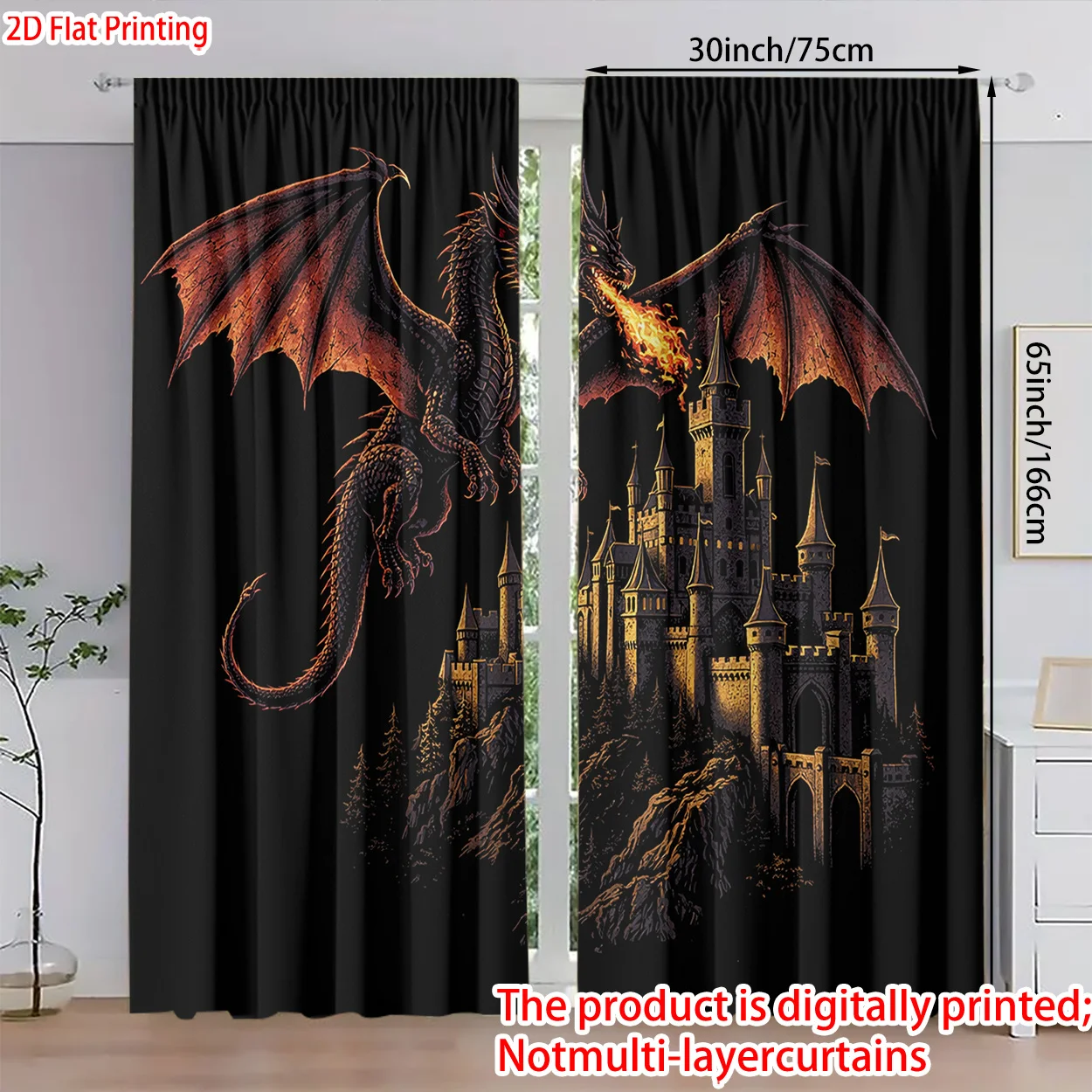 Gothic Castle Dragon Printed Curtain Panels Black Window Drapes Fantasy Style Home Decor Medieval Theme Room Curtains