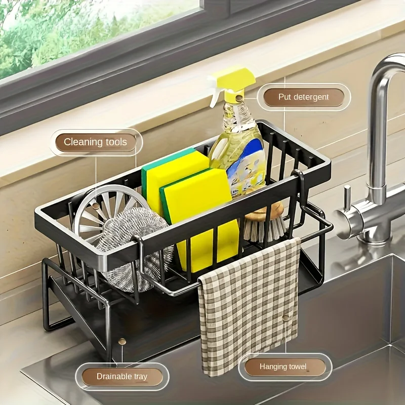 

ABS plastic self-draining rack for kitchen sink organization, with filter basket, suitable for sponges, dishcloths, towels, spac
