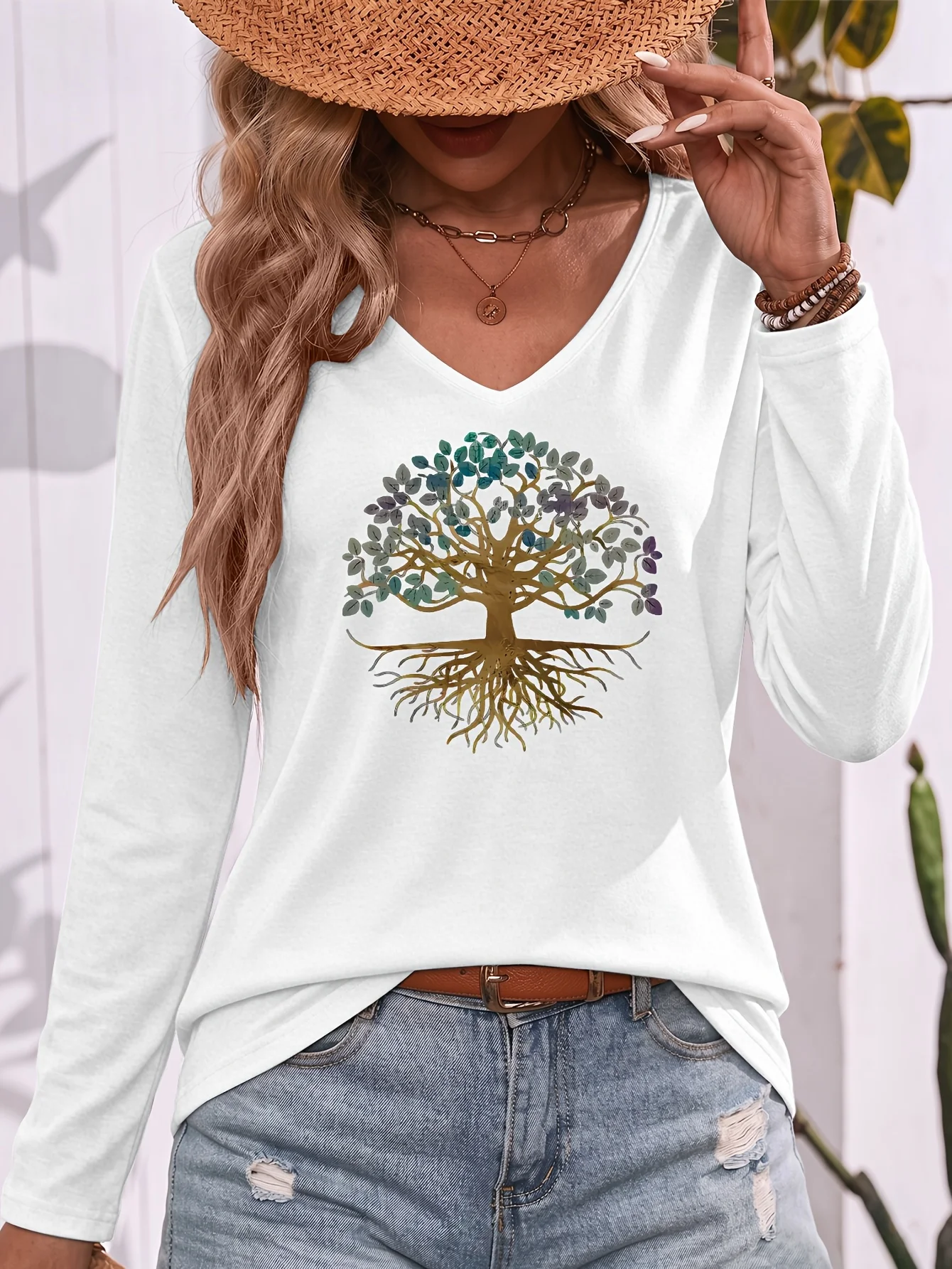 Premium Weiches Atmungsaktives Hautfreundliches Baum des Lebens Print V-Ausschnitt Langarm-T-Shirt Vielseitige Stilvolle Wahl für den Täglichen Arbeitsweg – Detail 8