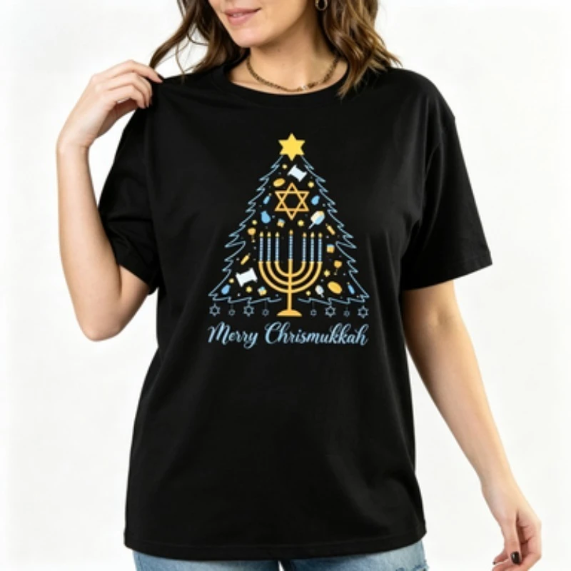 Women Cotton Round‑neck Short Sleeve T‑Shirt Merry Chrismukkah Menorah Star Graphic Print Holiday Casual Female Tops