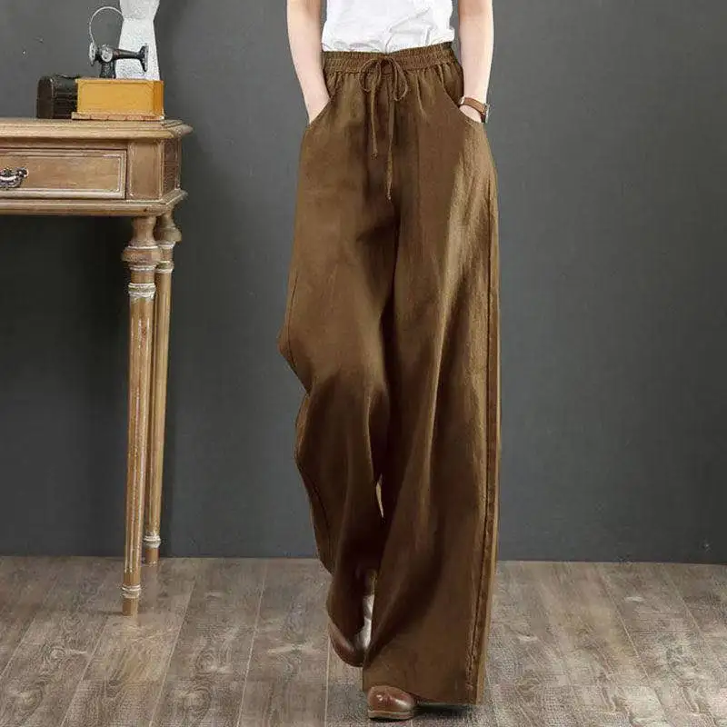 Cotton and Linen Women's Pants Loose Large Size Wide-leg Pants Spring Summer  High Waist Mopping  Straight-leg Pants 2025