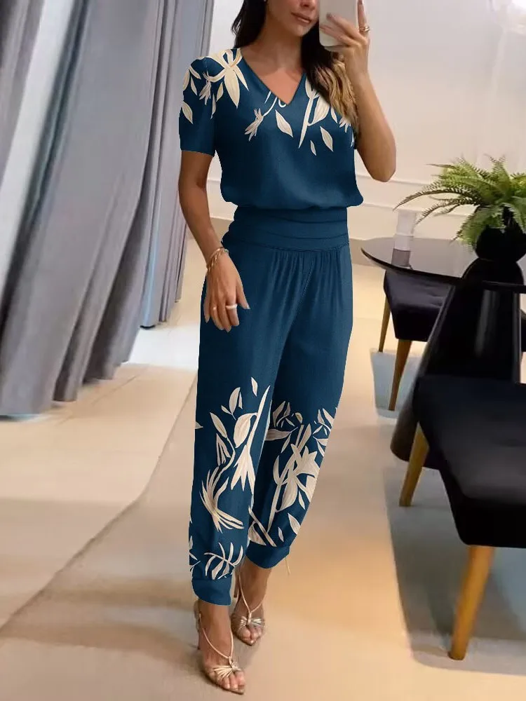 2024 New Long Pant Sets Summer Fashion Casual V-neck Print Short Sleeve Trousers Suit Two-piece Set 2 Piece Sets Women Outfit