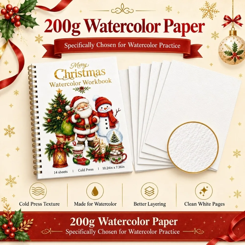 Christmas Themed Christmas Watercolor Workbook Spiral Bound with Line Drawing Christmas Watercolor Sketchbook Gold Foil Cover