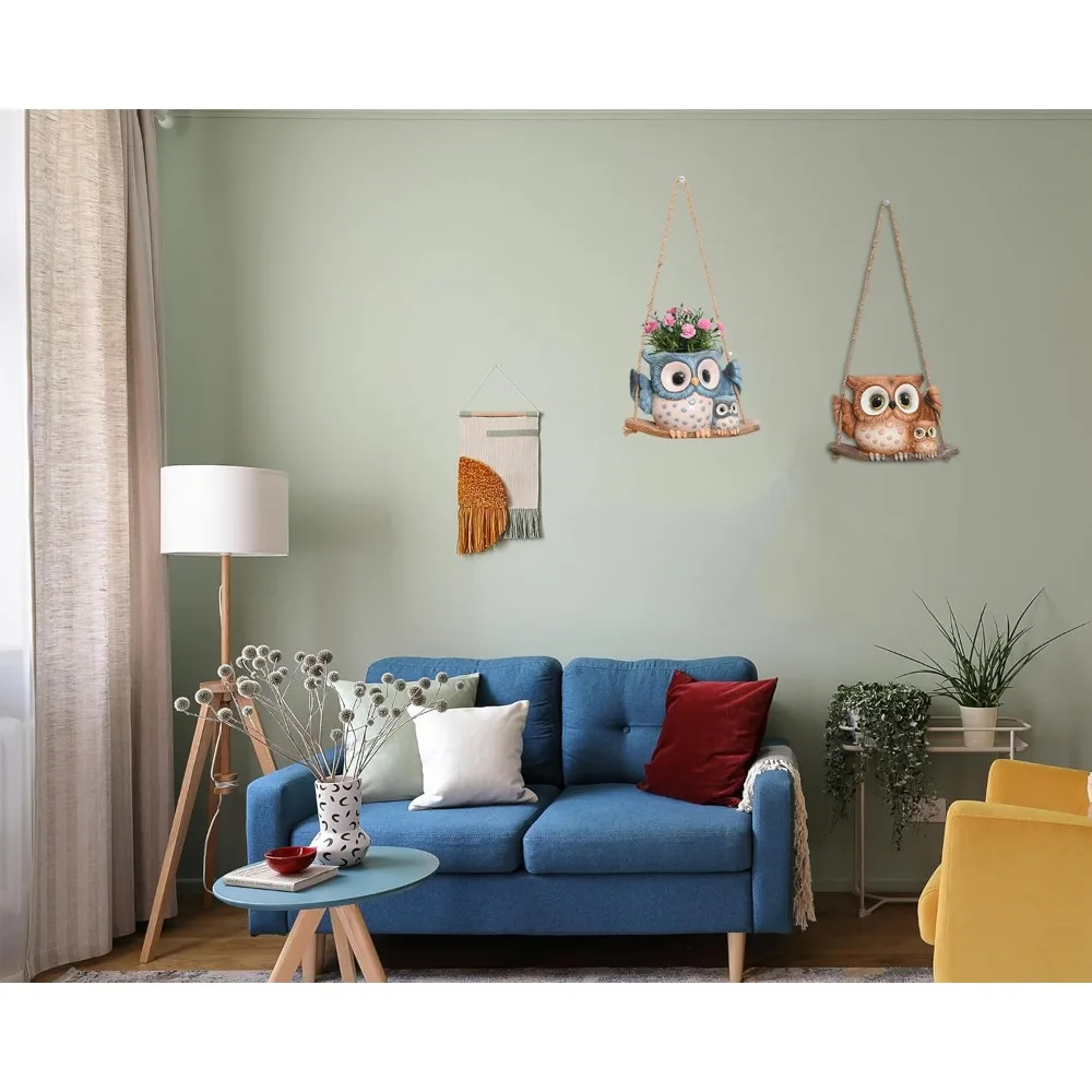 Jardineros colgantes de búho oscilante para plantas de interior, lindos maceteros pequeños y suculentos con orificio de drenaje, perchas de plantas de resina únicas para exteriores,