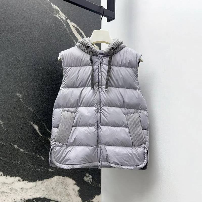 Ladies' wool patchwork hooded down vest, fashionable and versatile sleeveless jacket, high-quality warm top, autumn and winter,