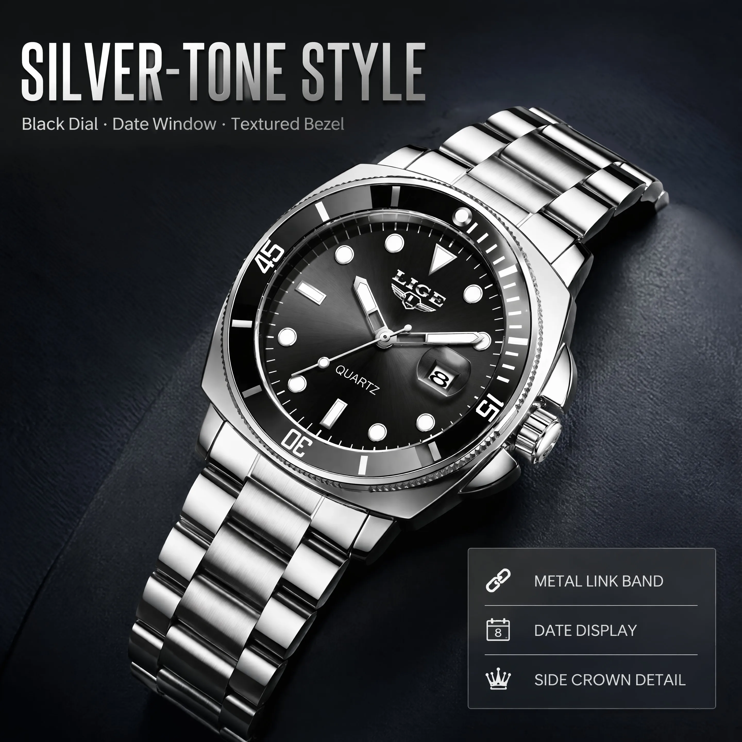 LIGE Men Military Watches Leisure Outdoor Sports Luminous Watch Multi-functional Steel Strap Waterproof Men's Quartz Date Watch