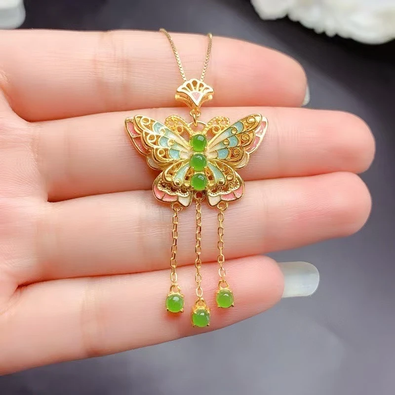 

Fine Jewelry Natural Jade Butterfly Women's Pendant S925 Pure Silver Exquisite Inlaid Enamel Craftsmanship Support Testing