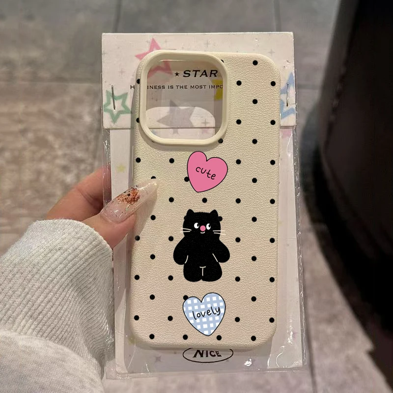 

Cute Cat Decorative Polka Dot Phone Case for IPhone 17 16 15 14 12 13 11 Pro Max Plus Air X XR XS Shockproof Soft Silicone Cover