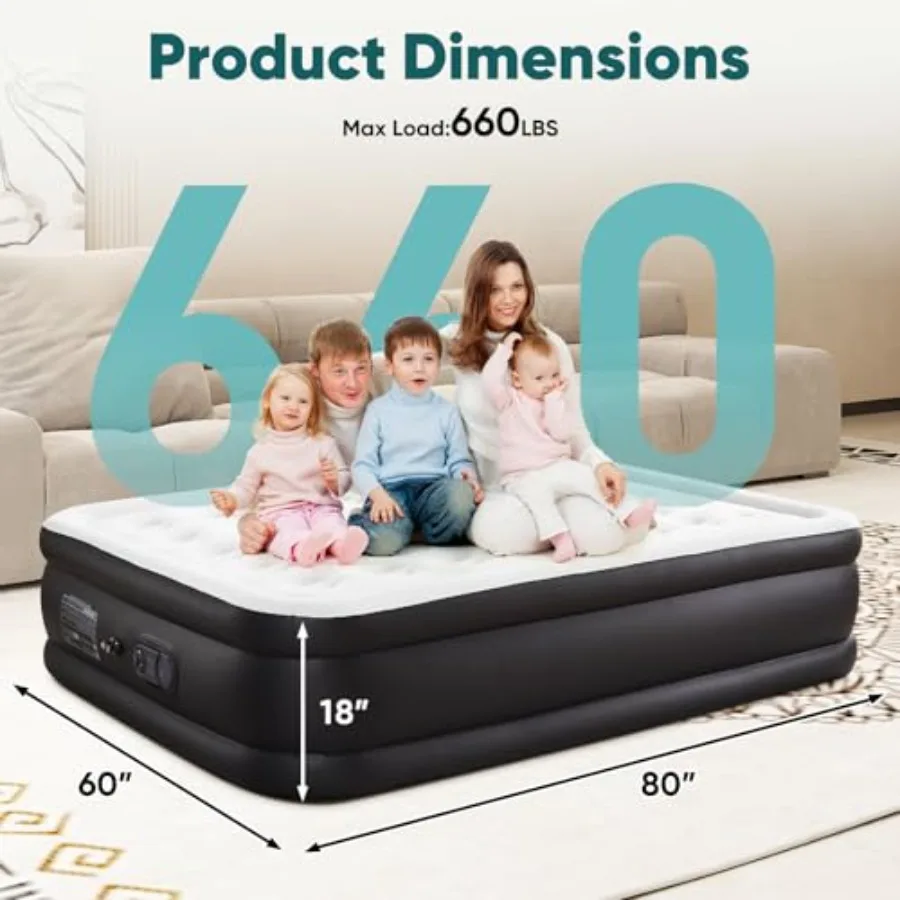 Queen inflatable air mattress for home or camping use, PVC material, gray color, 18-inch double height with built-in high-capac