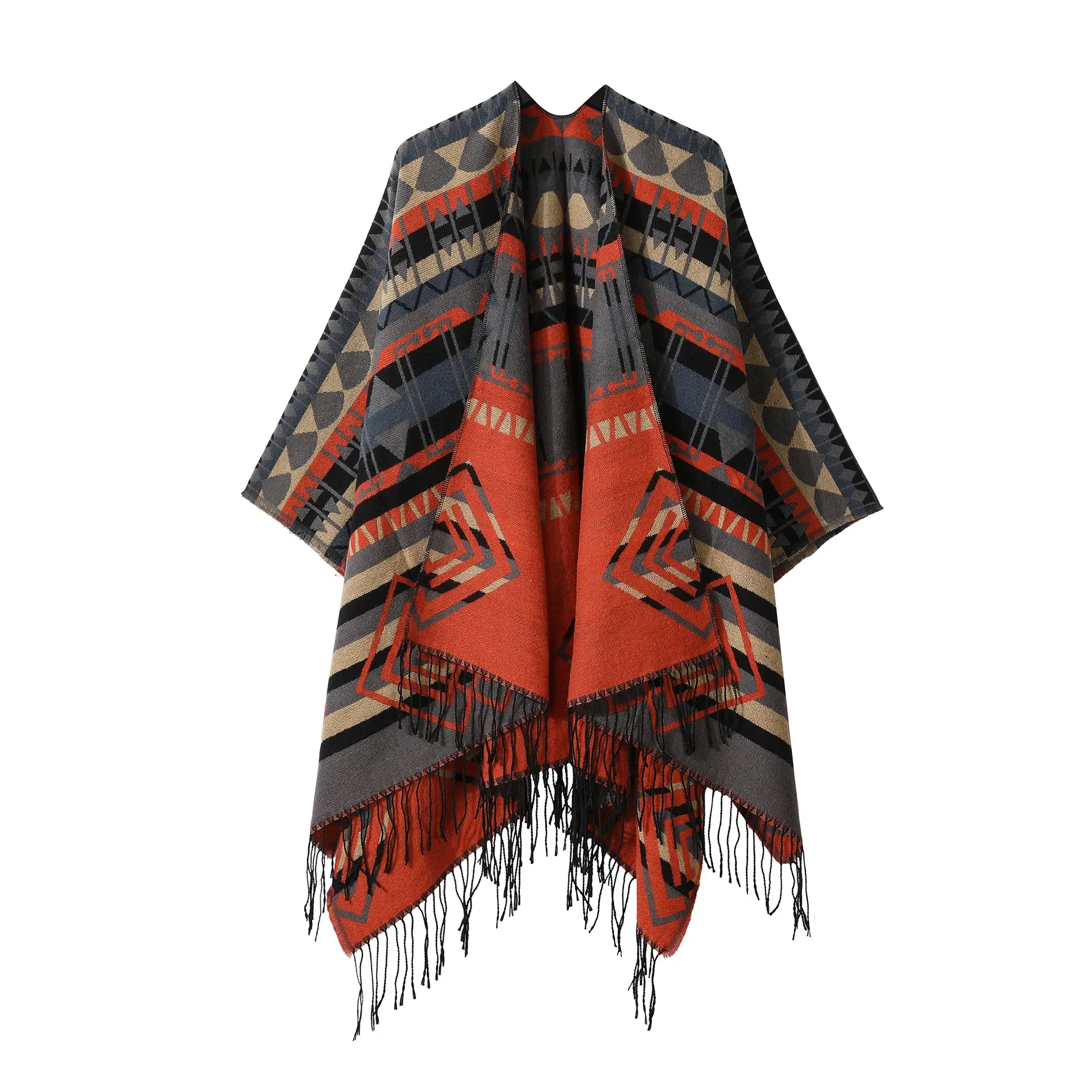 Poncho New Split Warm Shawl Vintage Ethnic Style Scarf Imitation Cashmere Tassel Women Cape Lady Cloak Warm Coat O2