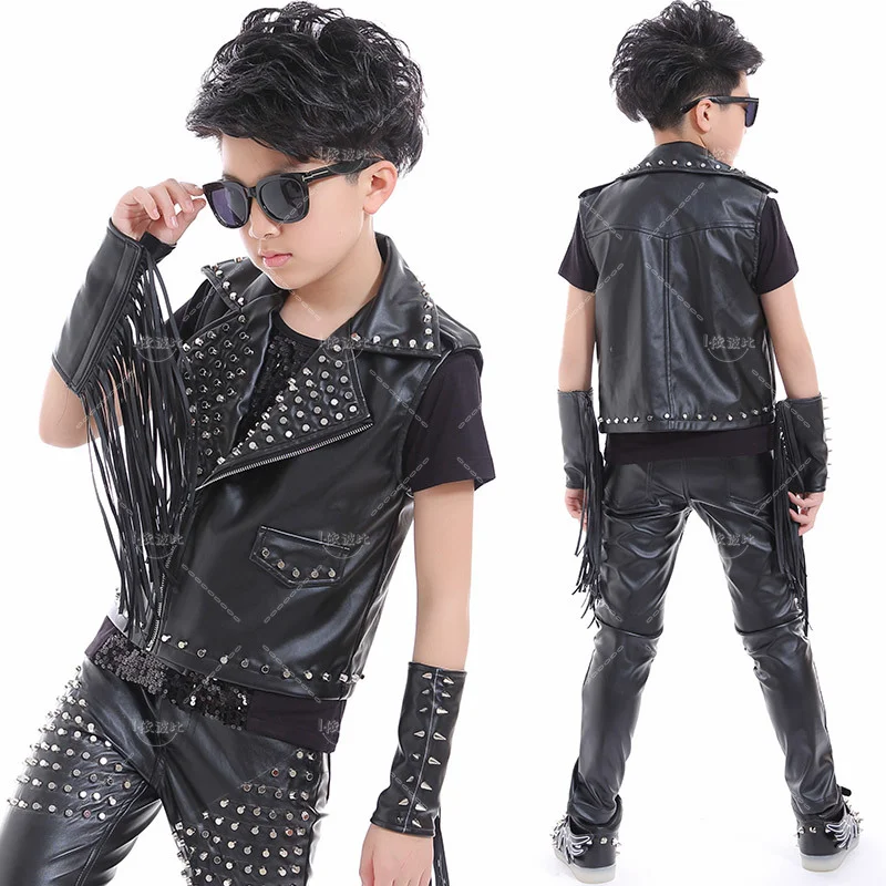 Trajes de escenario de Jazz para niños, trajes de baile callejero, pantalones de cuero negro con uñas, chaqueta, chaleco, trajes de actuación en escenario