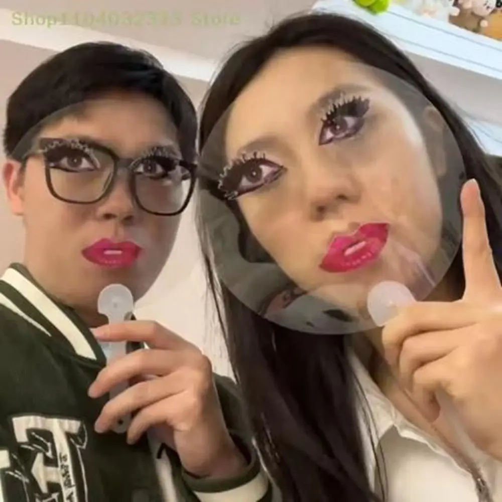 

10Pcs Plastic Abstract Transparent Handheld Fan Waterproof with Handle Big Eye and Red Lip Fan Round Funny Expression Fan