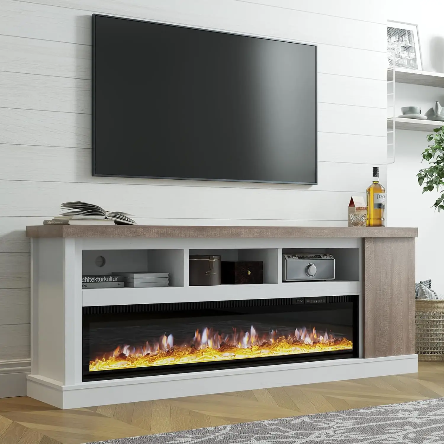 Chunky Entertainment Center with Wood Grain, Color Clash Entertainment Stand for TVs up to 85”, White&Grey