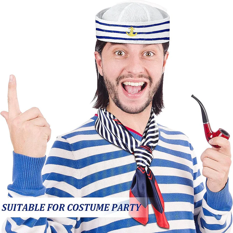 Blue Stripes Captain Hat Square Scarf Set Adjustable Sailor Hat Party Role Play Costume DMPS01