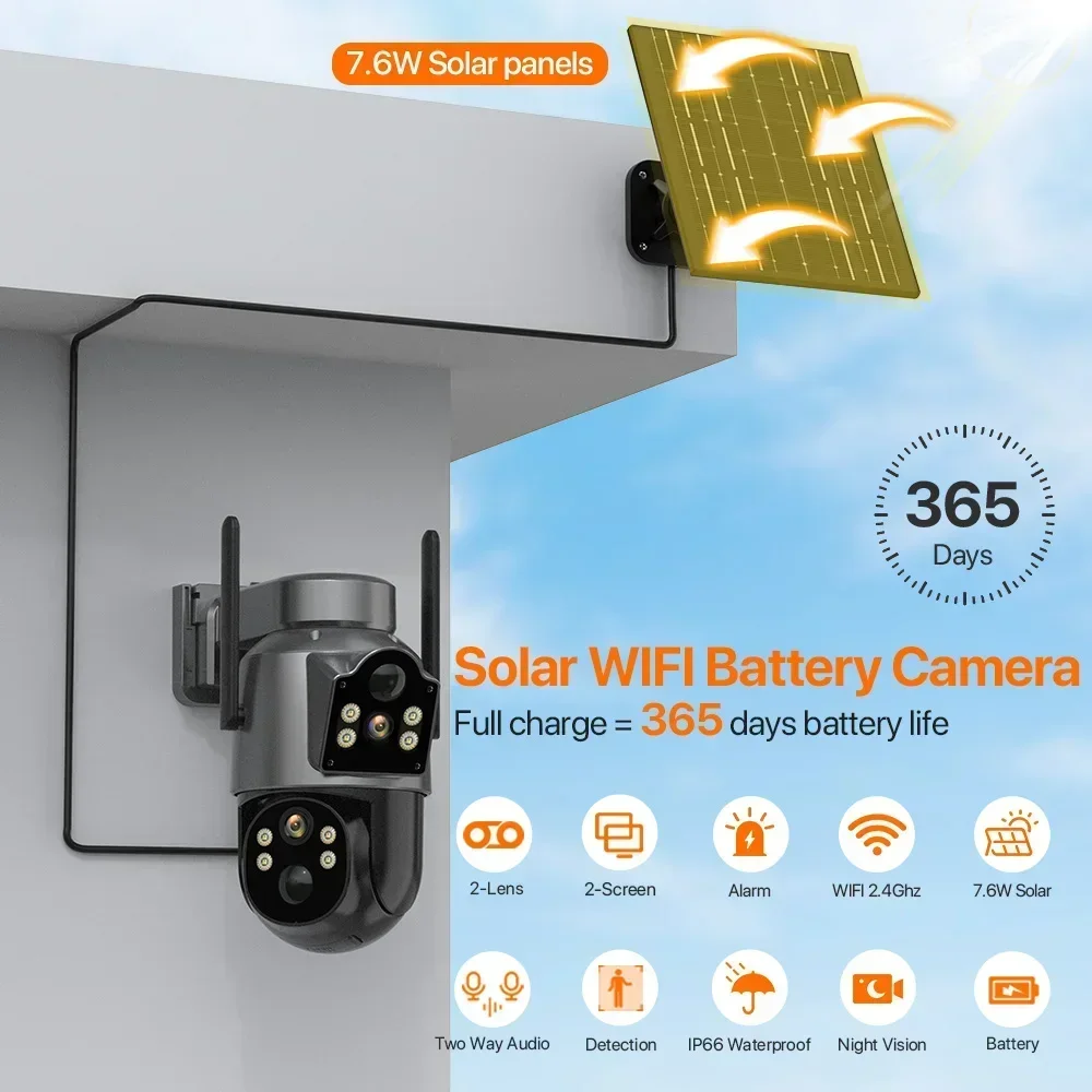 Outdoor Wireless Solar Camera, Dual Lens PTZ, WiFi and 4MP for Longer Standby and Video Surveillance APP iCsee