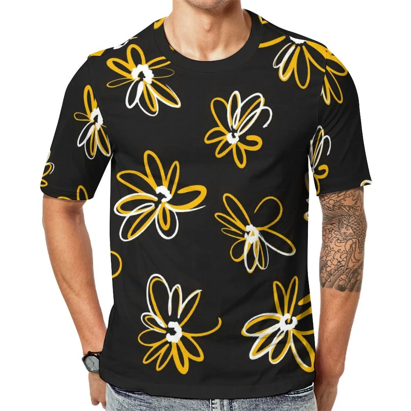 Bright Daisies Print T-Shirt For Male Artistic Flowers Printed O Neck T Shirts Summer Vintage Tops Short Sleeve Plus Size Tees