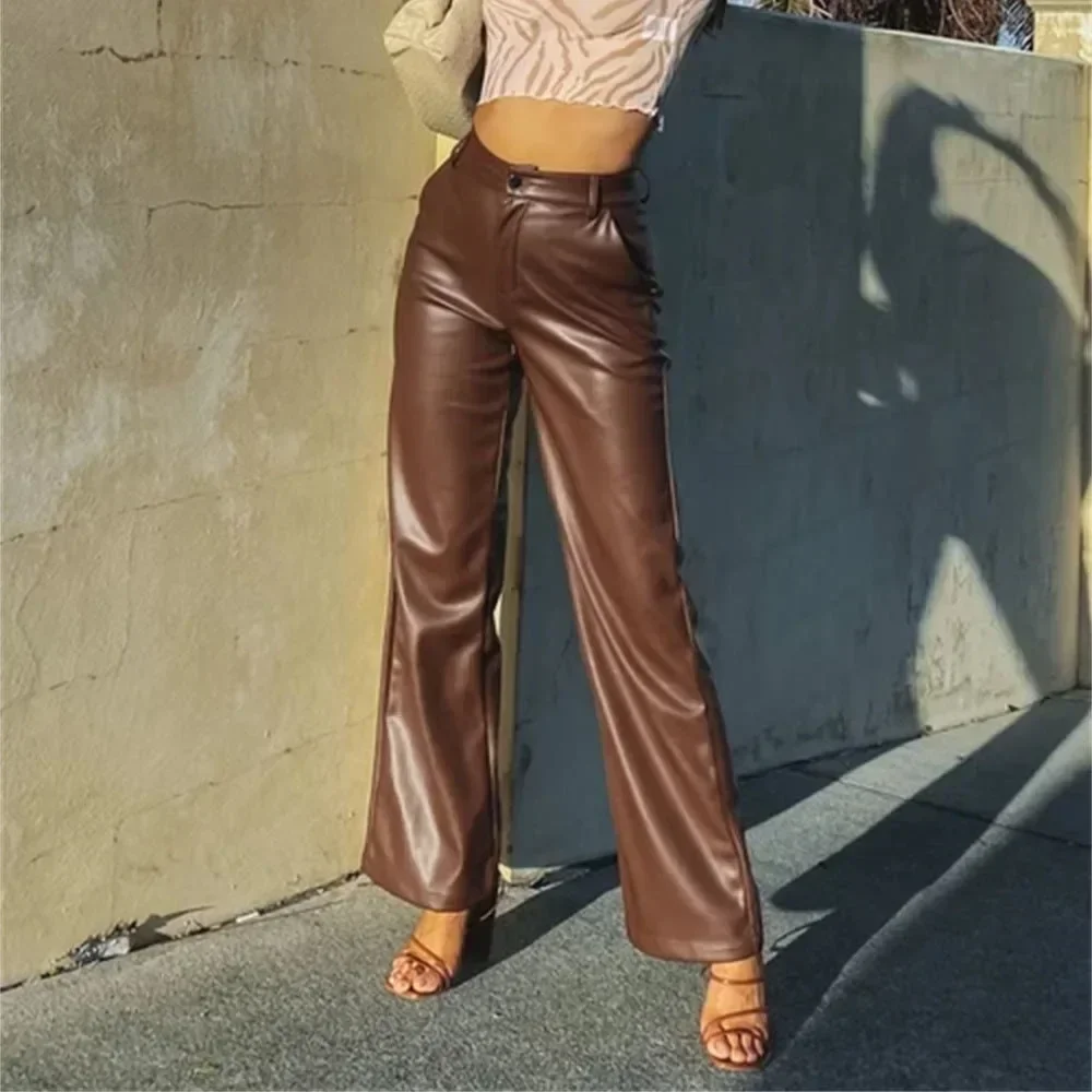 

Women's Autumn/winter New Fashion Solid Color PU Micro-trumpet Leather Pants, Loose and Casual High Waist Long Leather Pants