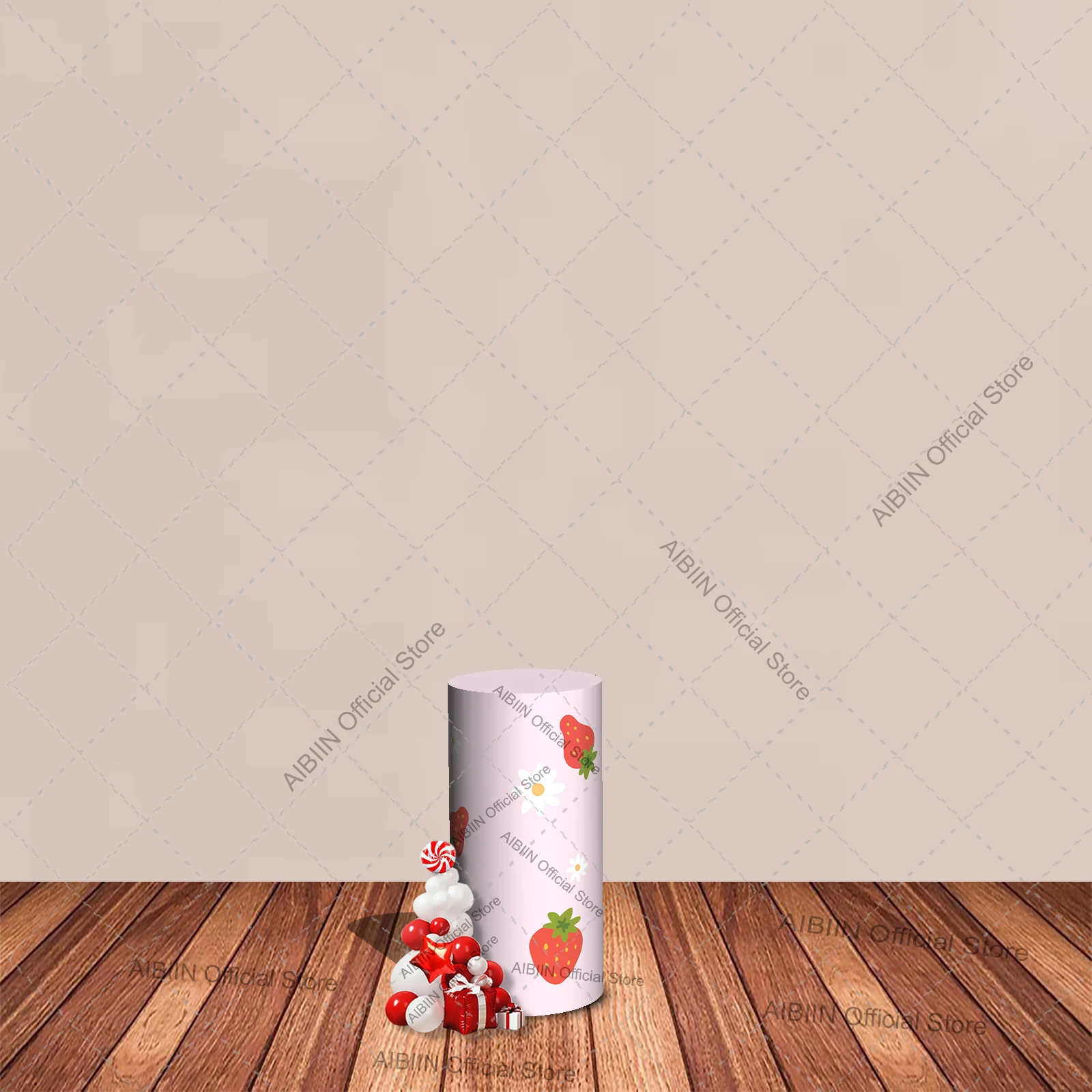 Strawberry Happy Birthday Cylinder Backdrop Cover Daisy Floral Pink Kids Baby Shower Party Pedestal Column Cover Background view 4