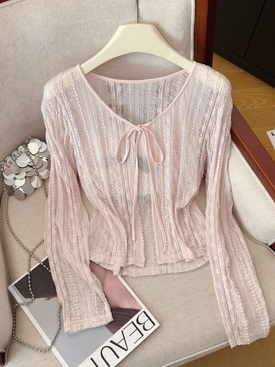 Girls Style Knitted Ice Silk Open Cardigan with Belt Summer Outerwear Long Sleeve V-Neck Breathable Air Conditioning Top
