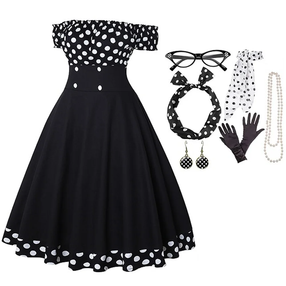 50s Outfit Flare Dress Off Shoulder 4 Pcs 1950s Audrey Hepburn Accessories Set Retro Vintage Swing Dress Date Festival