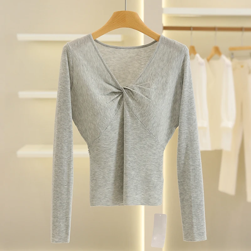 

Тонкий вязаный свитер Ele с твист-дизайном из смеси шерсти из полиэстера Long Sve V-Ne Color Commute Sle Women's Faion