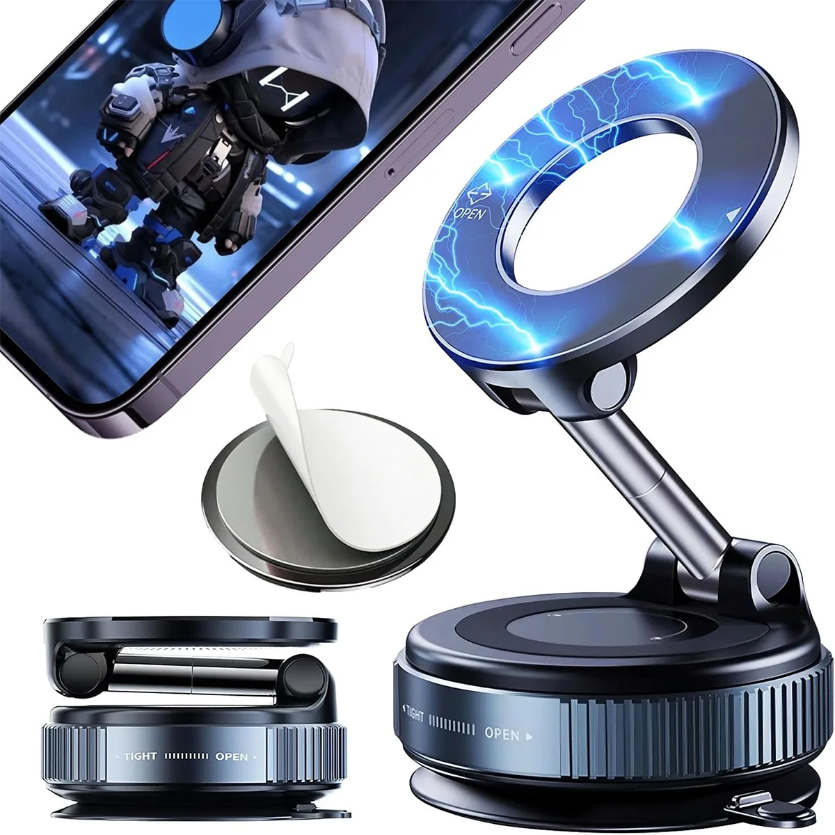 

Upgraded Foldable Magnetic Car Phone Holder – N52 Magnet, 360° Rotatable, Dashboard Suction Cup, ABS, with Wrench & Pad Gift