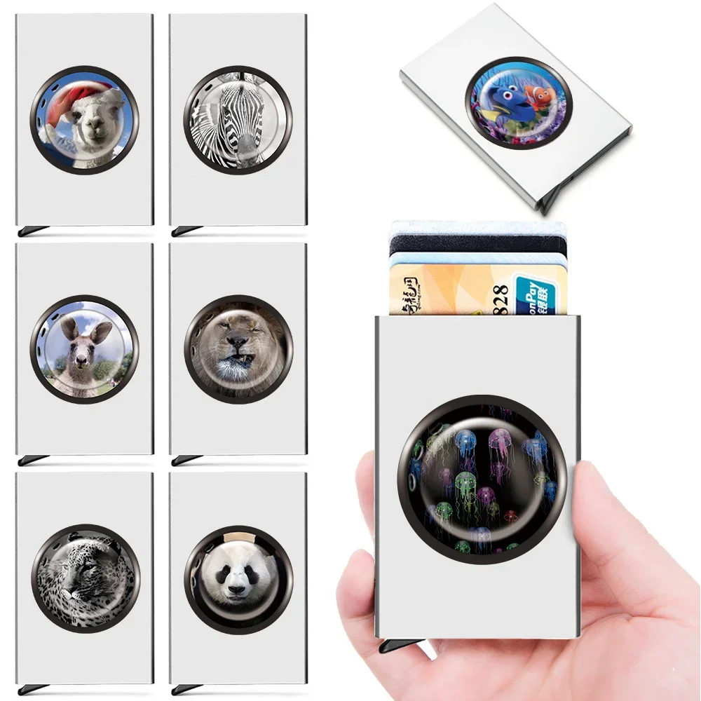 

Men Id Bank Credit Rfid Card Holder Window Pattern Double Blocking Wallet Security Aluminum Box Metal Purse Card Holder Case