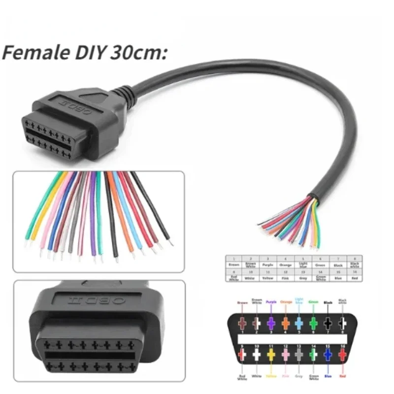 HOT Latest OBD2 16Pin Female/male Plug Connector to Opening OBDII Cable 30CM Length OBDII Car Scanner Extension Adapter Tools