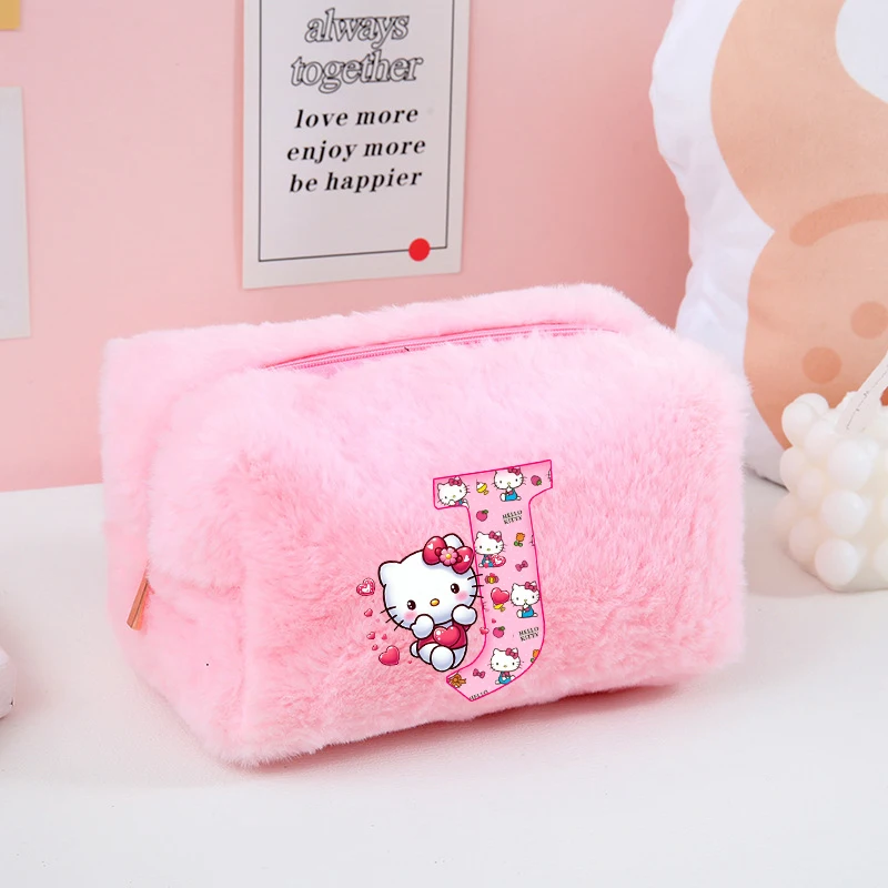 Lindo Hello Kitty chica bolsa de maquillaje rosa Plushd Sanrio Anime letras A-Z estampado mujer Kawaii bolsa suave niños moneda en estuche de cosméticos nuevo